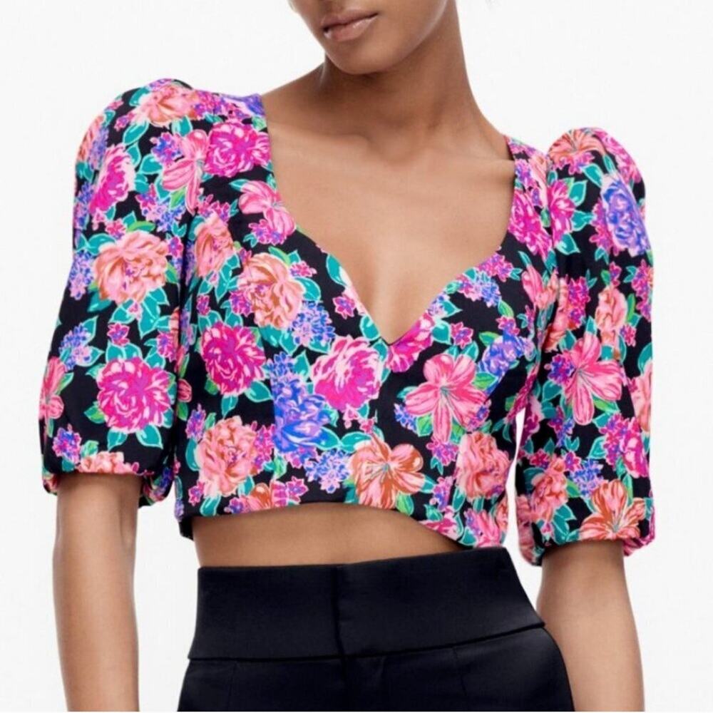ZARA Floral Crop Top Multicolor Sweetheart Neckline Puffy‎ Sleeve Women's Medium